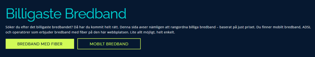 Screenshot från "billigaste-bredband.se" över mobilt bredband och bredband med fiber