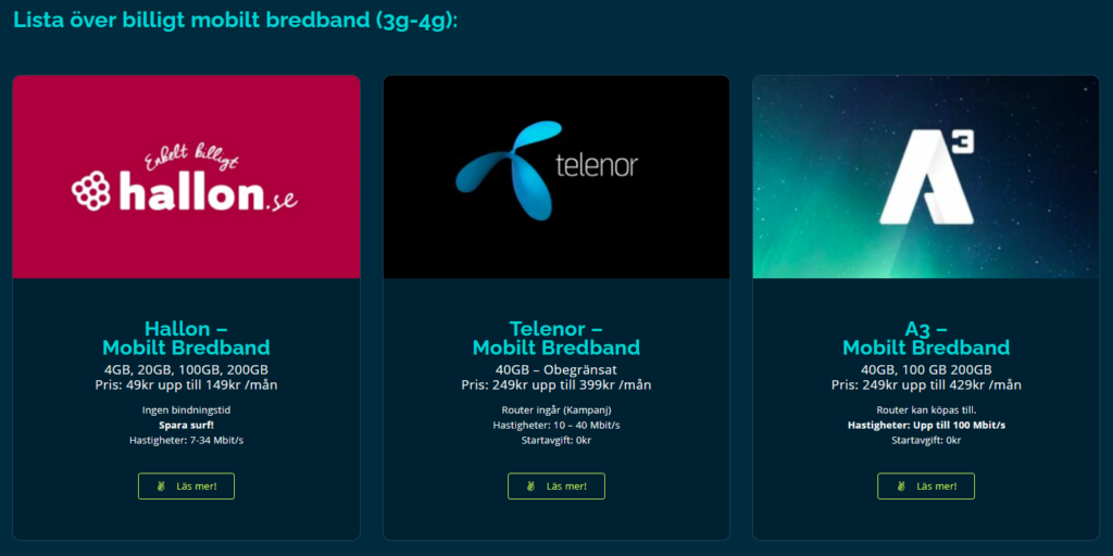 Screenshot från "billigaste-bredband.se" över bredbandshanterare